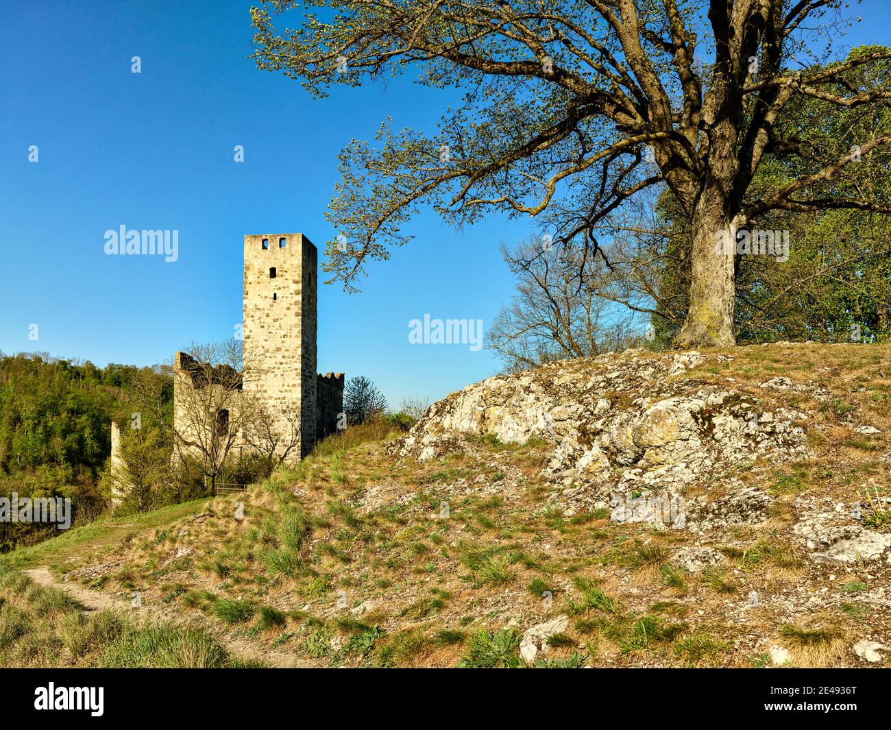 Ruins, limestone, rocks, castle, trees, sky, window, spring, meteorite crater, panorama path, Ries crater Stock Photo