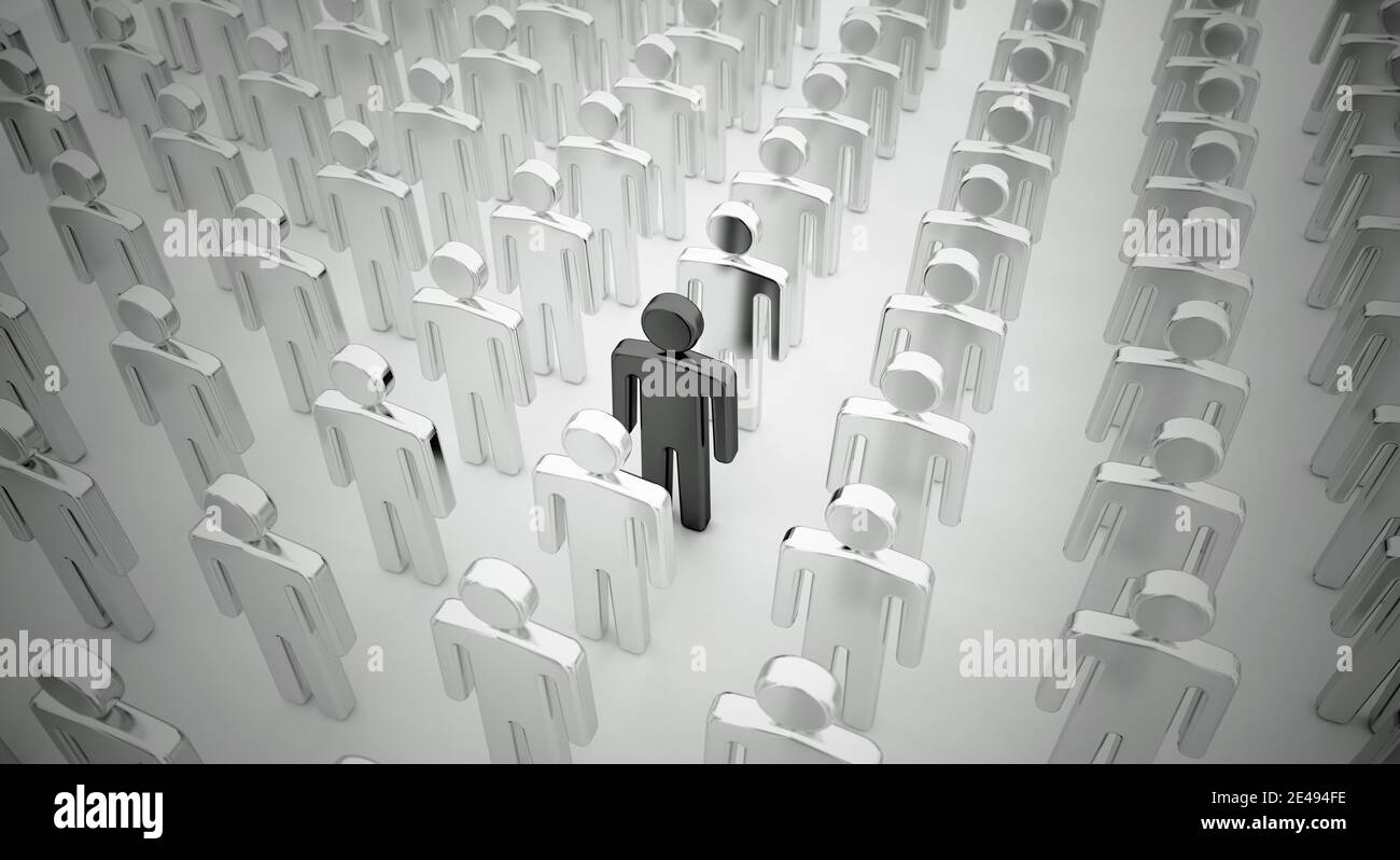 3D rendering of black male figurine in a crowd of white figurines, concept represent difference Stock Photo