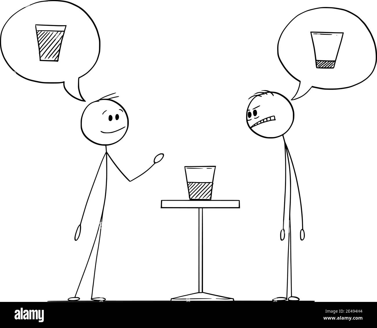 Two men are meaning if the glass with water is half full or half empty, vector cartoon stick figure or character illustration. Stock Vector