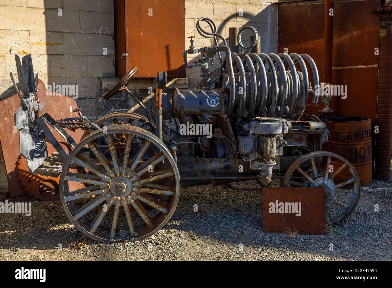 Re-imagined tractor type vehicle at the Steampunk HQ, Oamaru, New Zealand. Stock Photo