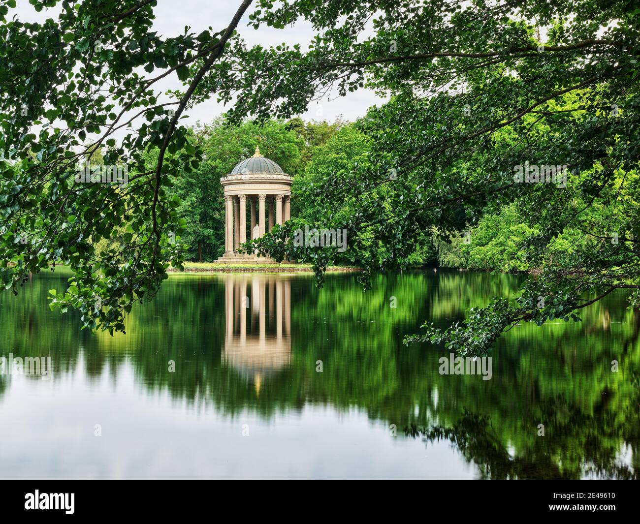State capital, park, castle park, monopteros, monument, listed, sight, lake, standing water, temple of Apollo, landscape garden, baroque garden, French garden, royal pleasure palace, trees, forest Stock Photo