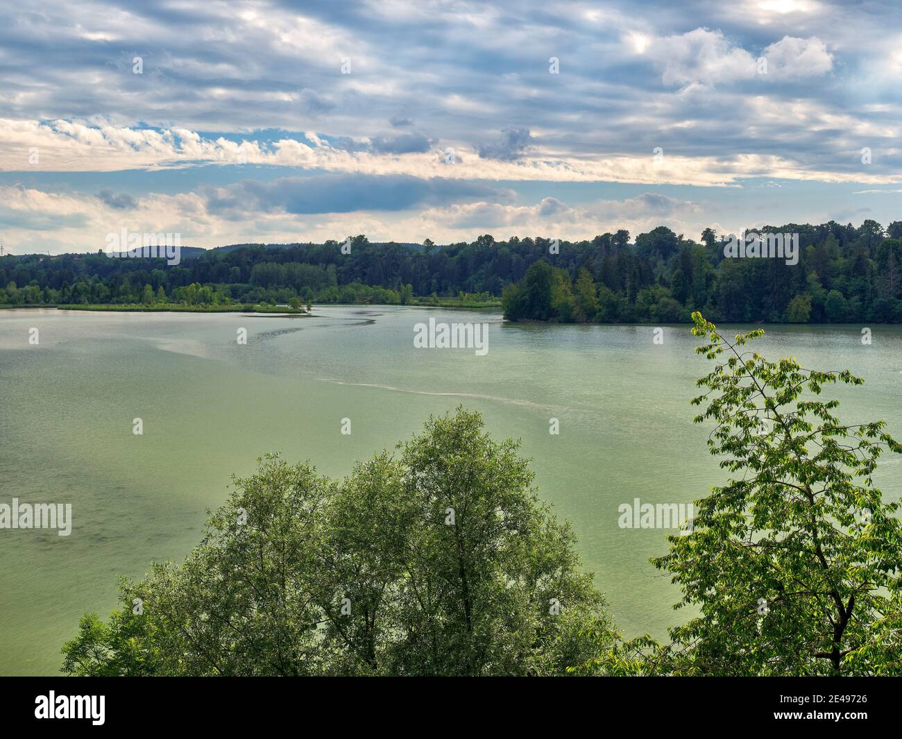 Lech, river, reservoir, dammed, trees, alluvial forest, vision, Pfaffenwinkel, river bend, curve, current, channel-like, energy supply, viewpoint Stock Photo