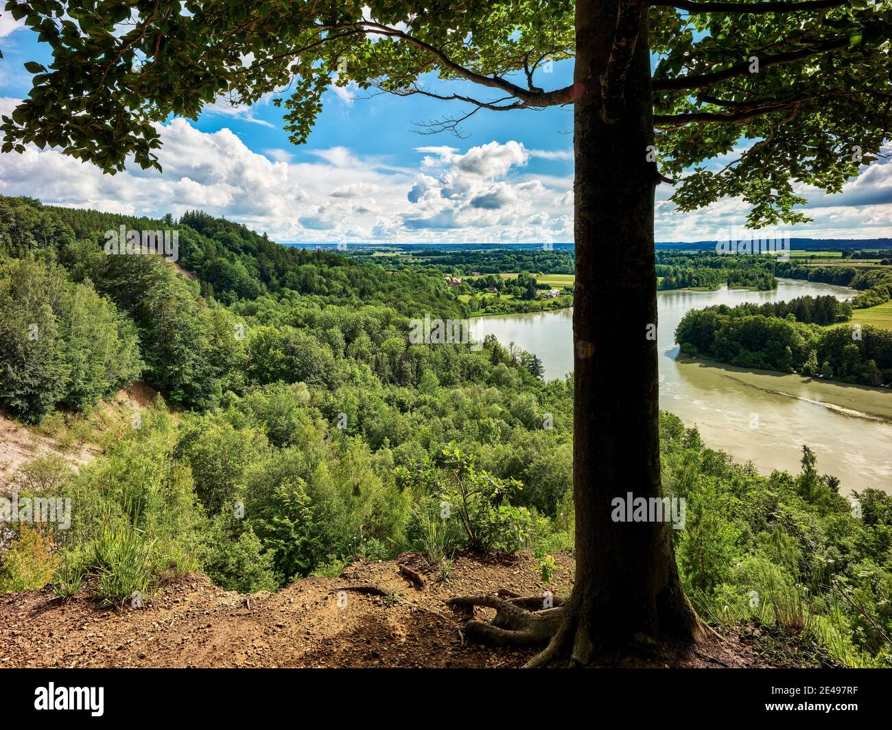 Bend in the river, river, reservoir, steep bank, forest, beech forest, hillside forest, Leite, Lechleite, spring green, landslide, impact slope, geotope, hiking trail Stock Photo