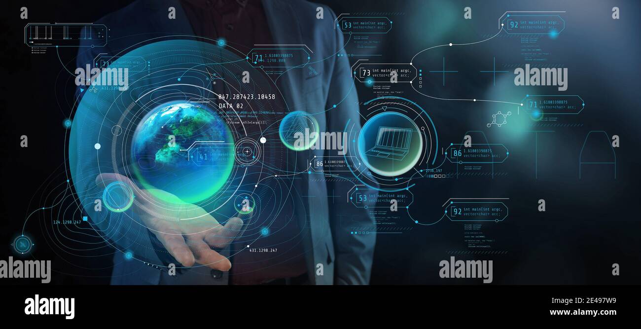 Augmented reality with space infographics on a palm. Stock Photo