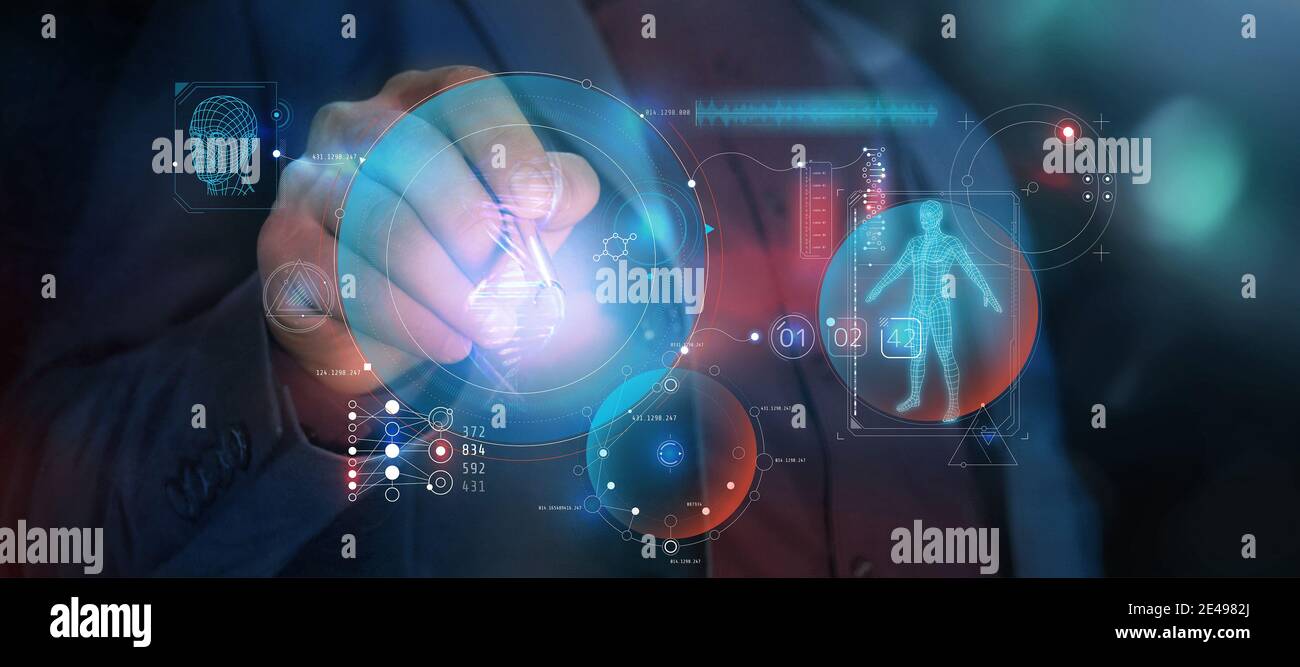 A man works with medical data in augmented reality. Stock Photo