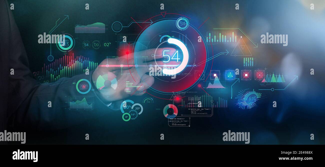 Businessman works with data array virtual infographics. Stock Photo