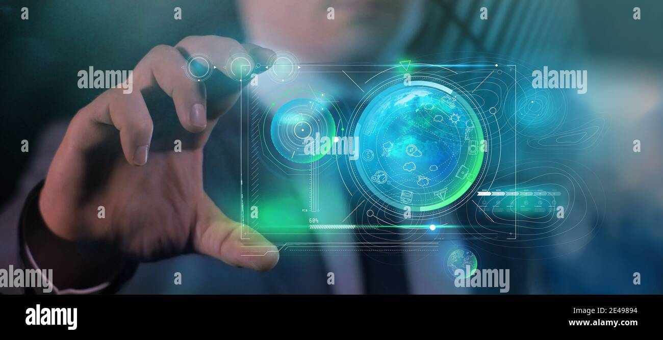 The device of the future with a projection of the earth. Stock Photo