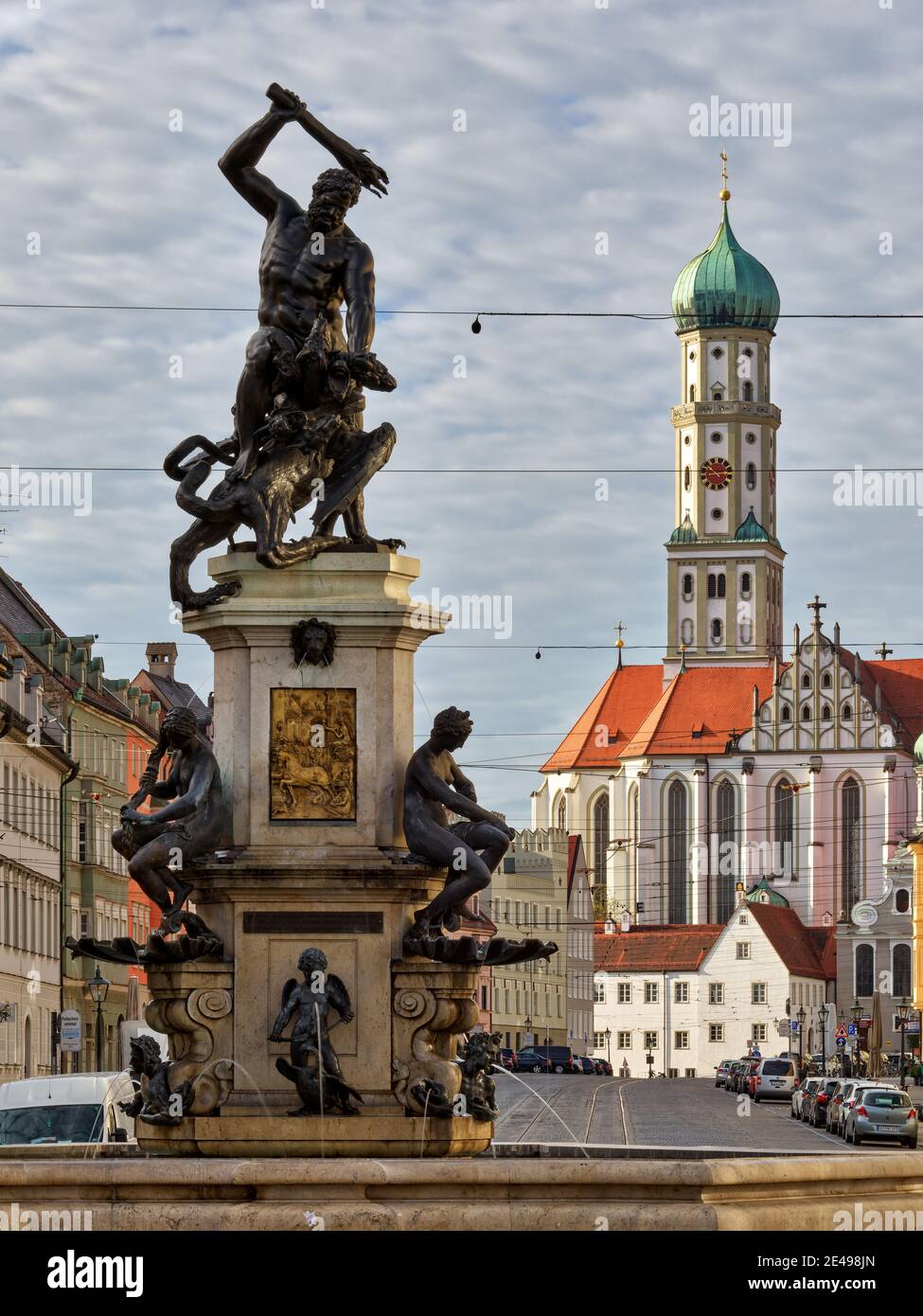 Fountain, cobblestone pavement, boulevard, imperial mile, patrician houses, church, basilica, bronze, bronze statues, place of worship, place of interest, monument, listed, historic old town, old town Stock Photo