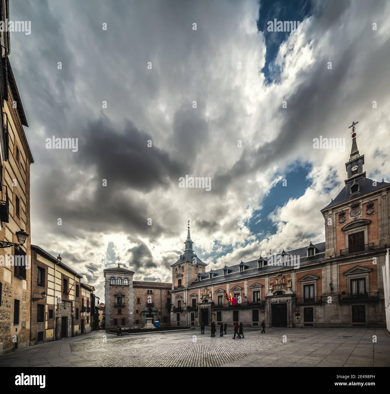 Dramatic sky over Fuerzas Armadas cathedral in Madrid, Spain Stock Photo