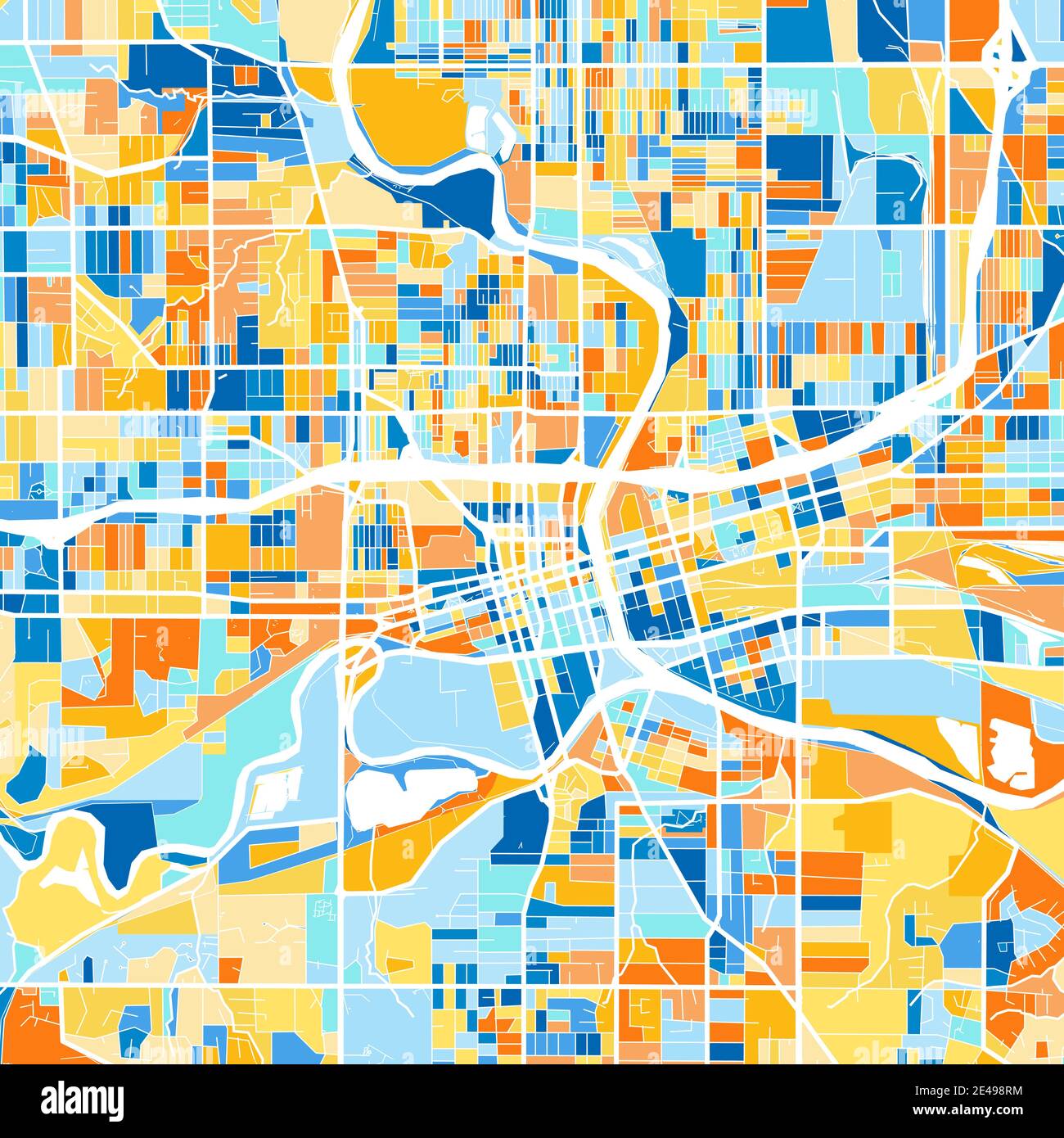 Color art map of DesMoines, Iowa, UnitedStates in blues and oranges ...