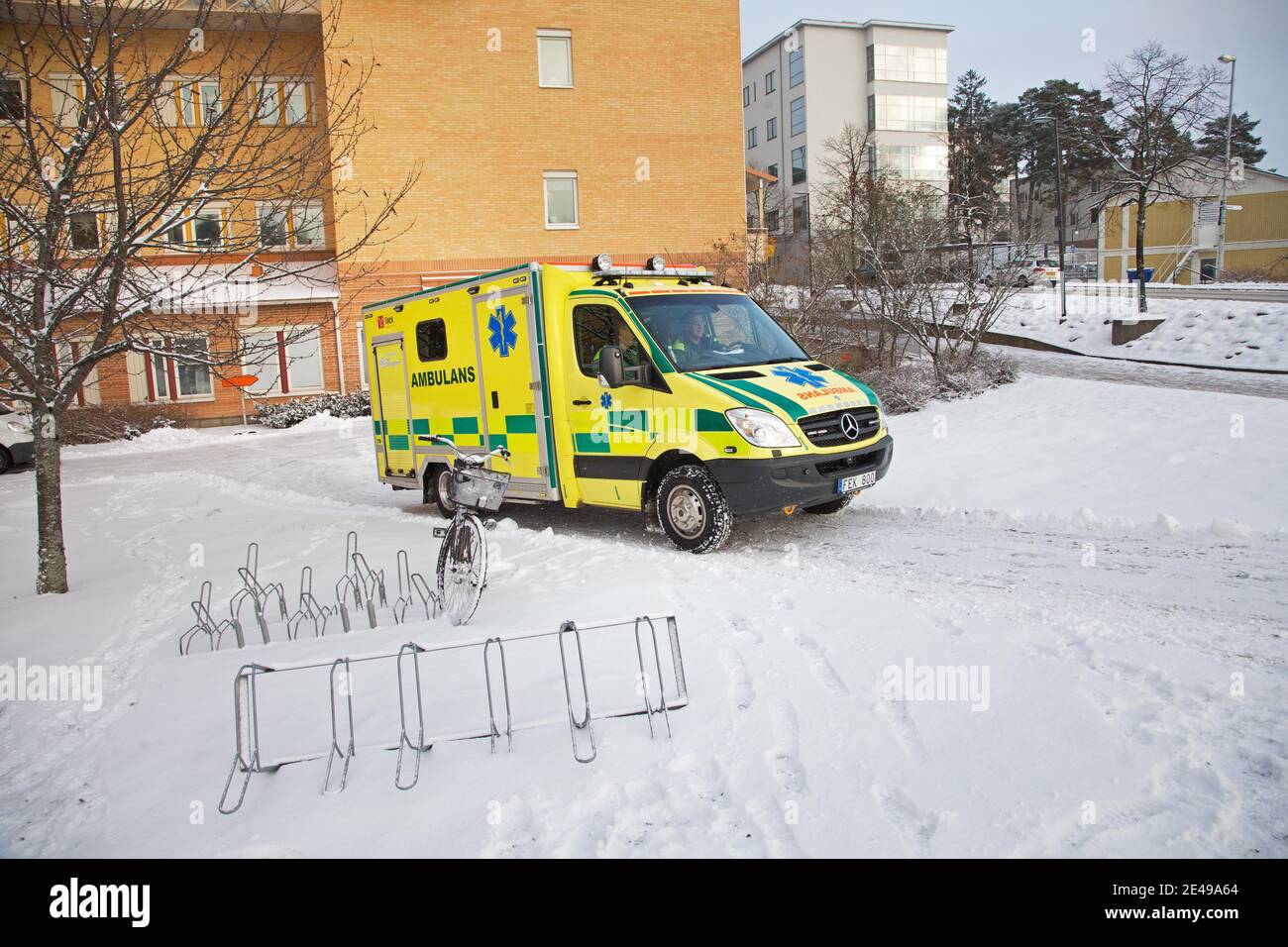 LINKÖPING, SWEDEN- 7 JANUARY 2015: The Swedish nurse who was exposed to Ebola in Sierra Leone on Friday is being picked up today from the University Hospital in Malmö to Linköping with a High-Risk Infection Control Ambulance. Stock Photo