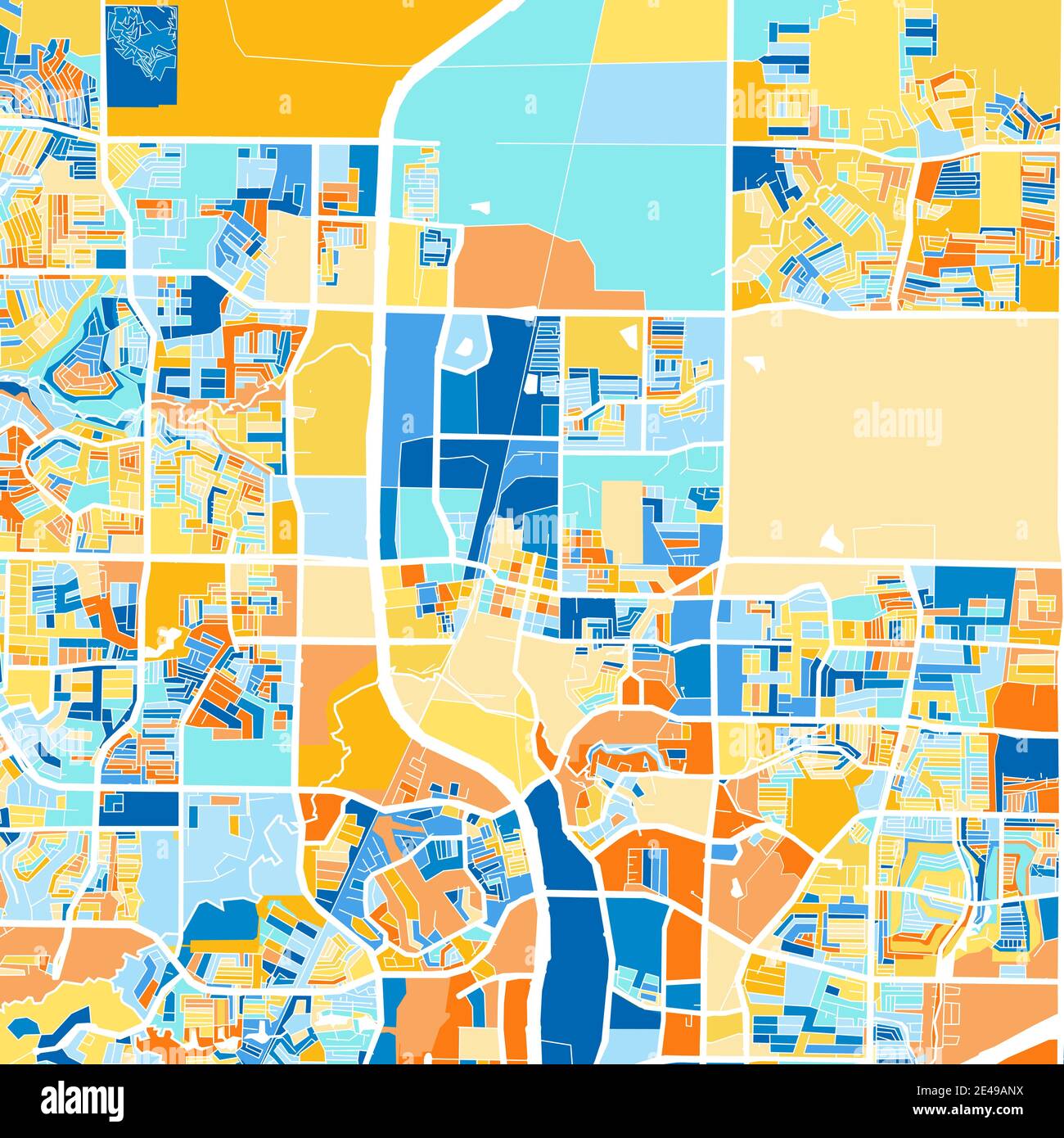 Color art map of Frisco, Texas, UnitedStates in blues and oranges. The