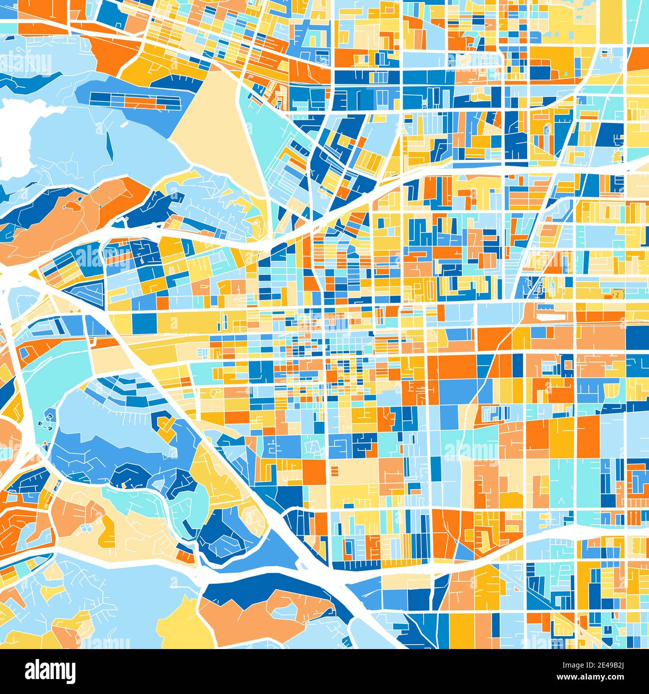 Color art map of  Pomona, California, UnitedStates in blues and oranges. The color gradations in Pomona   map follow a random pattern. Stock Vector