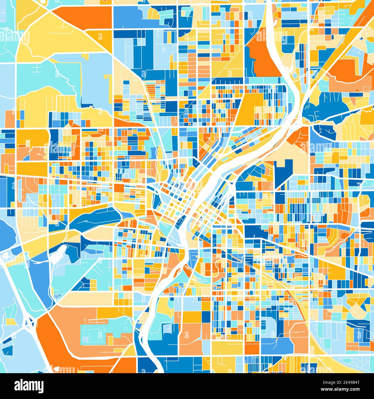 Color art map of Rockford, Illinois, UnitedStates in blues and oranges