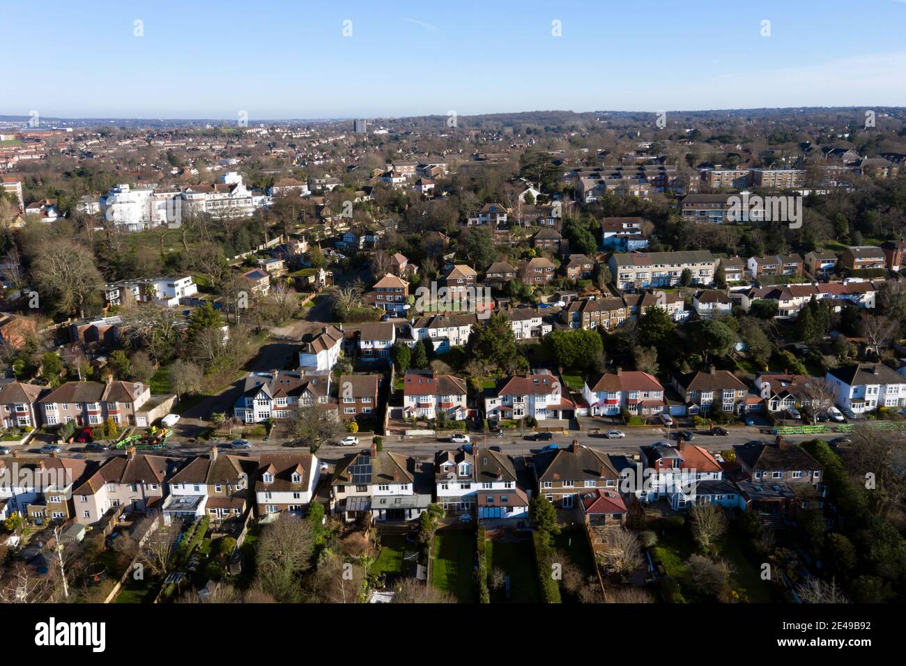 Aerial view looking down on  Warren Avenue, Bromley, South East London, looking towards Sundridge Park Stock Photo