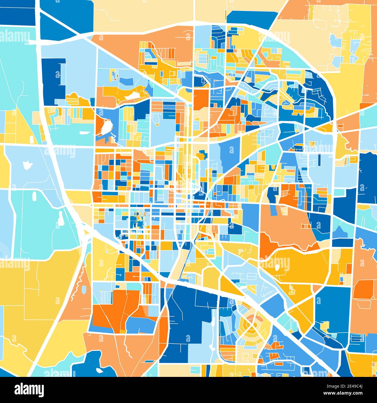 Color art map of Denton, Texas, UnitedStates in blues and oranges. The
