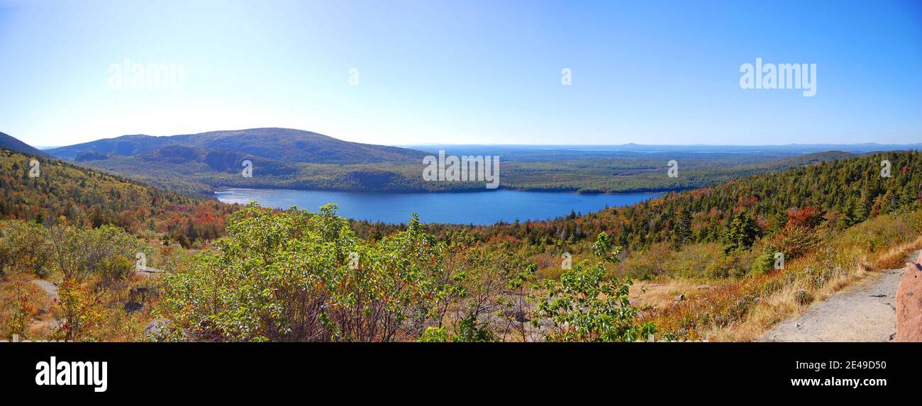 Bubble Pond of Acadia National Park panorama with fall foliage, Cadillac Summit, Maine, USA. Stock Photo