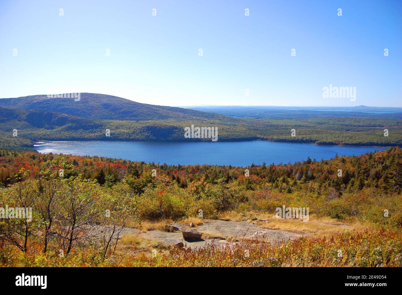 Bubble Pond of Acadia National Park panorama with fall foliage, Cadillac Summit, Maine, USA. Stock Photo