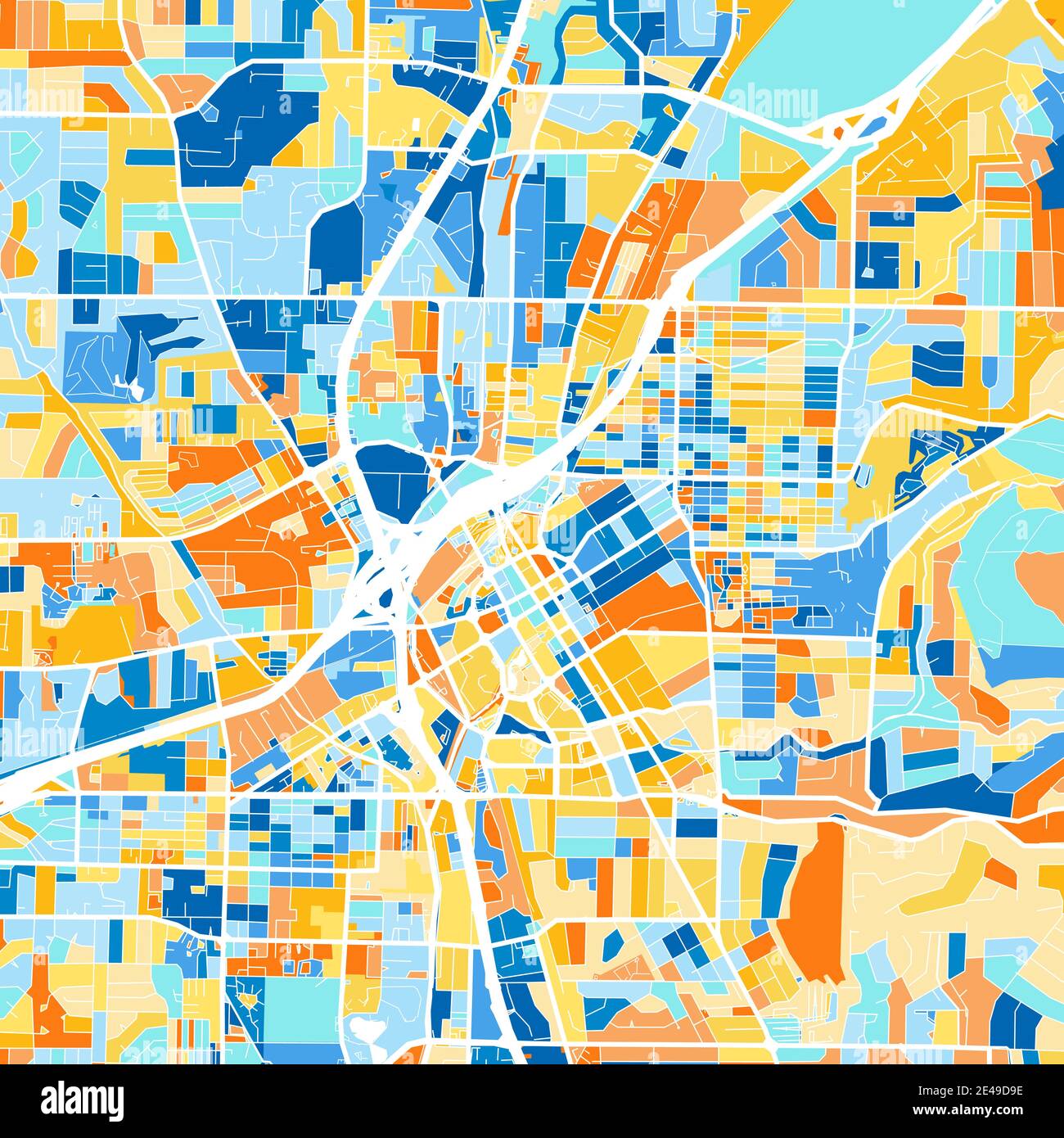 Color art map of Huntsville, Alabama, UnitedStates in blues and oranges