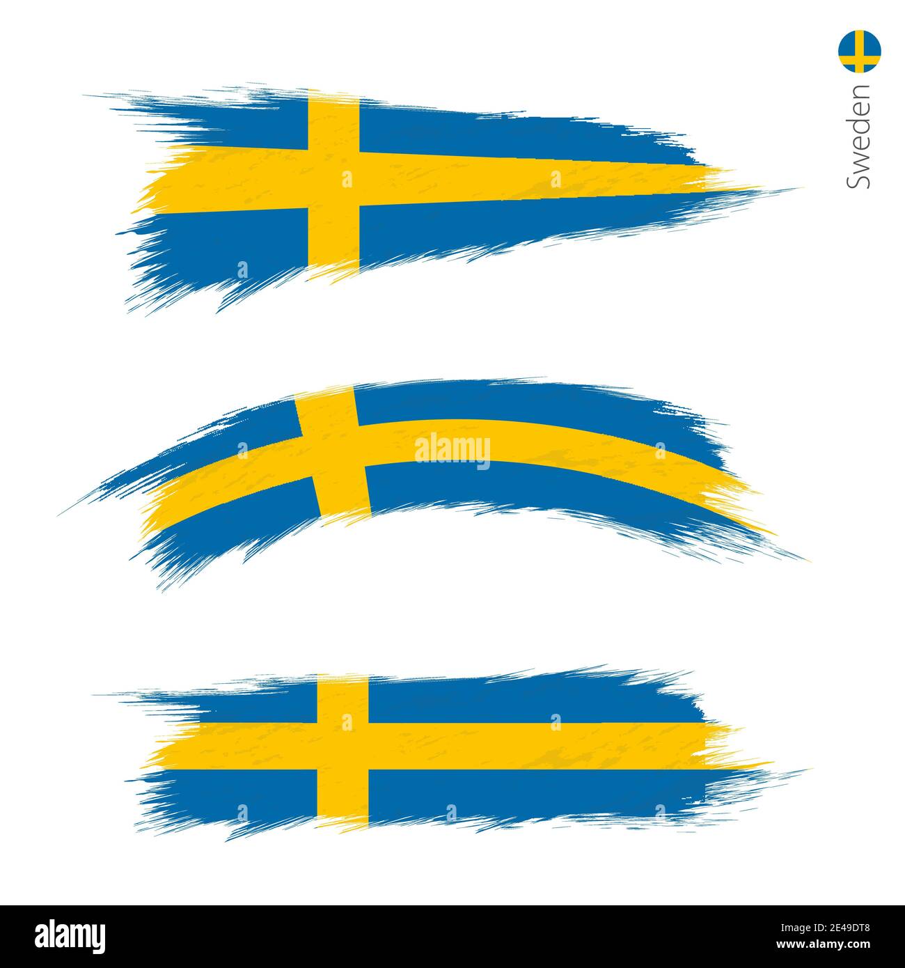 Set of 3 grunge textured flag of Sweden, three versions of national country flag in brush strokes painted style. Vector flags. Stock Vector
