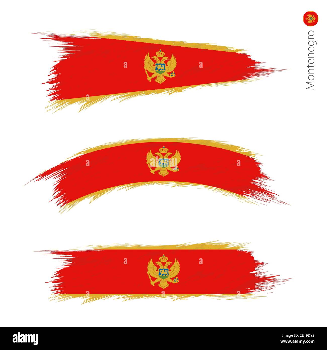 Set of 3 grunge textured flag of Montenegro, three versions of national country flag in brush strokes painted style. Vector flags. Stock Vector