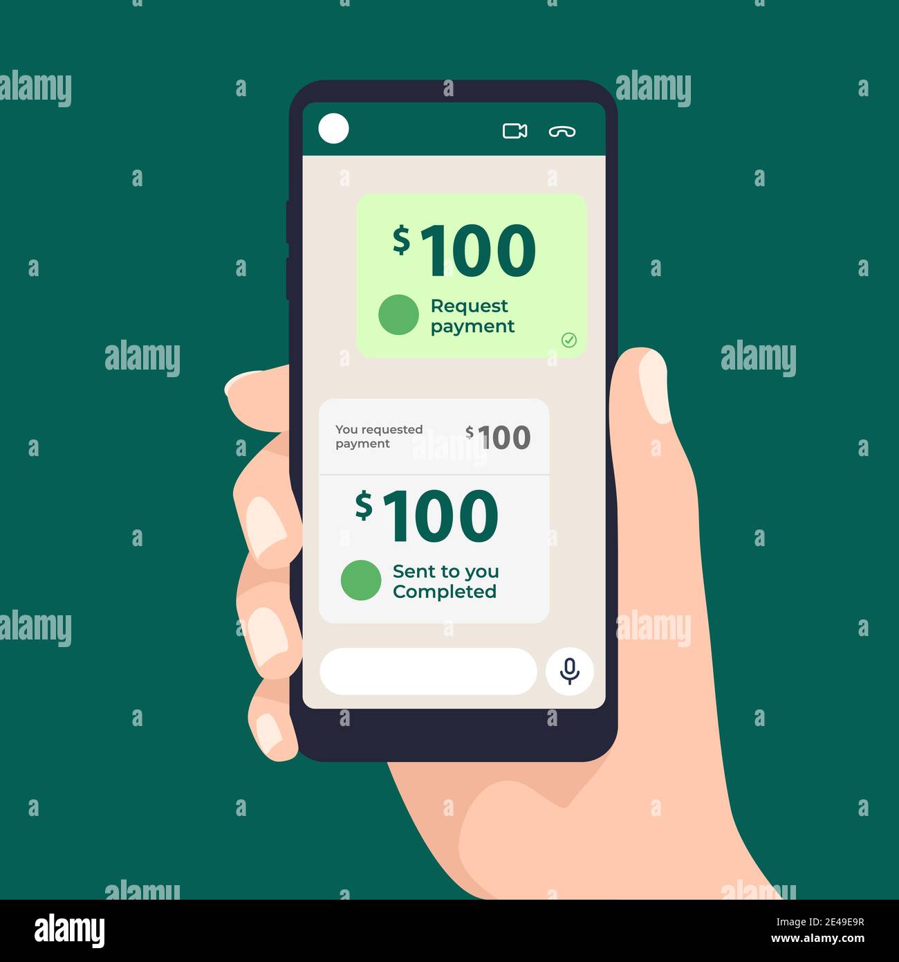 Chat money payment. Pay via mobile app. Sending and receiving money. Sending a message for payment. Stock Vector
