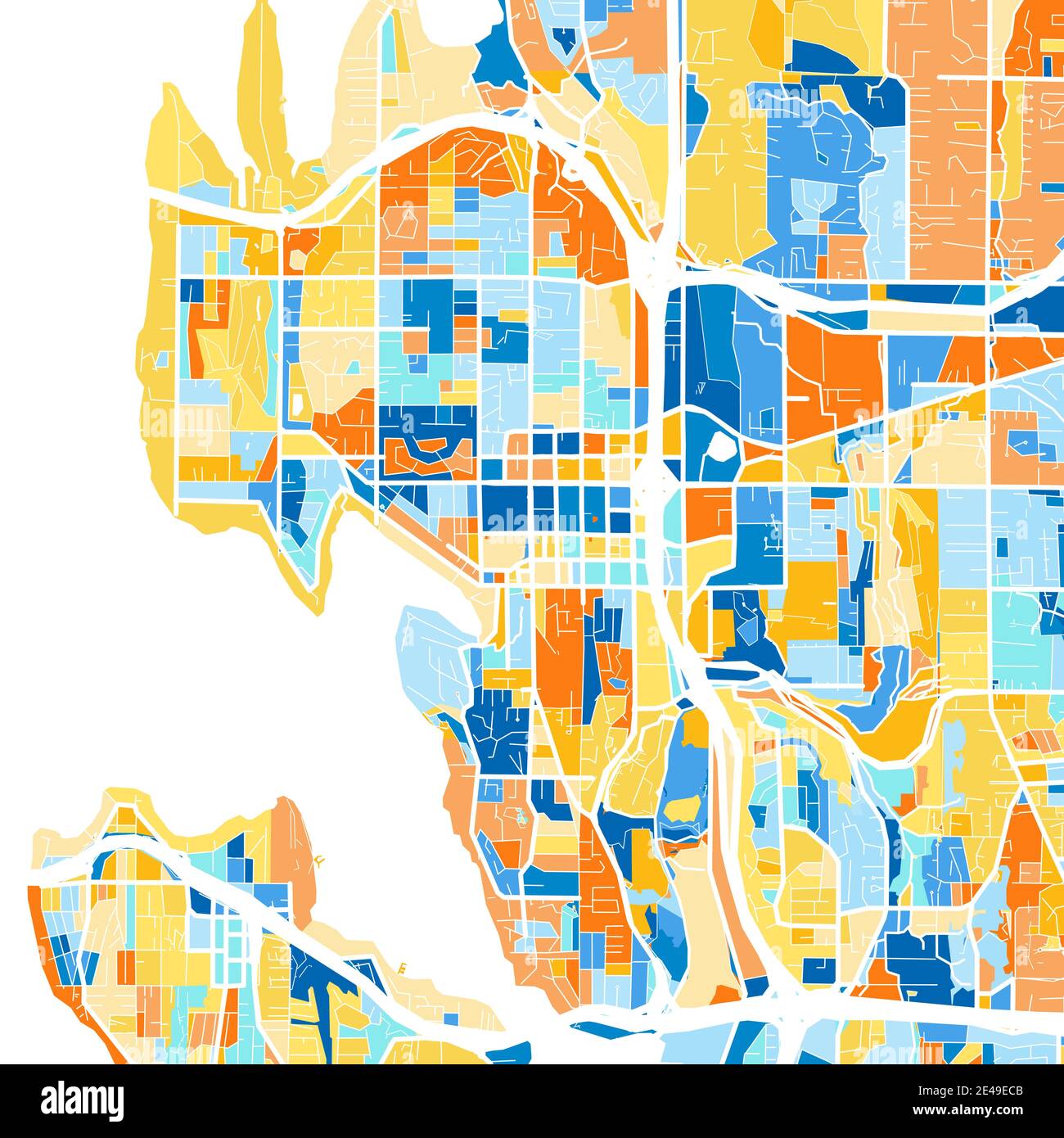 Color art map of  Bellevue, Washington, UnitedStates in blues and oranges. The color gradations in Bellevue   map follow a random pattern. Stock Vector