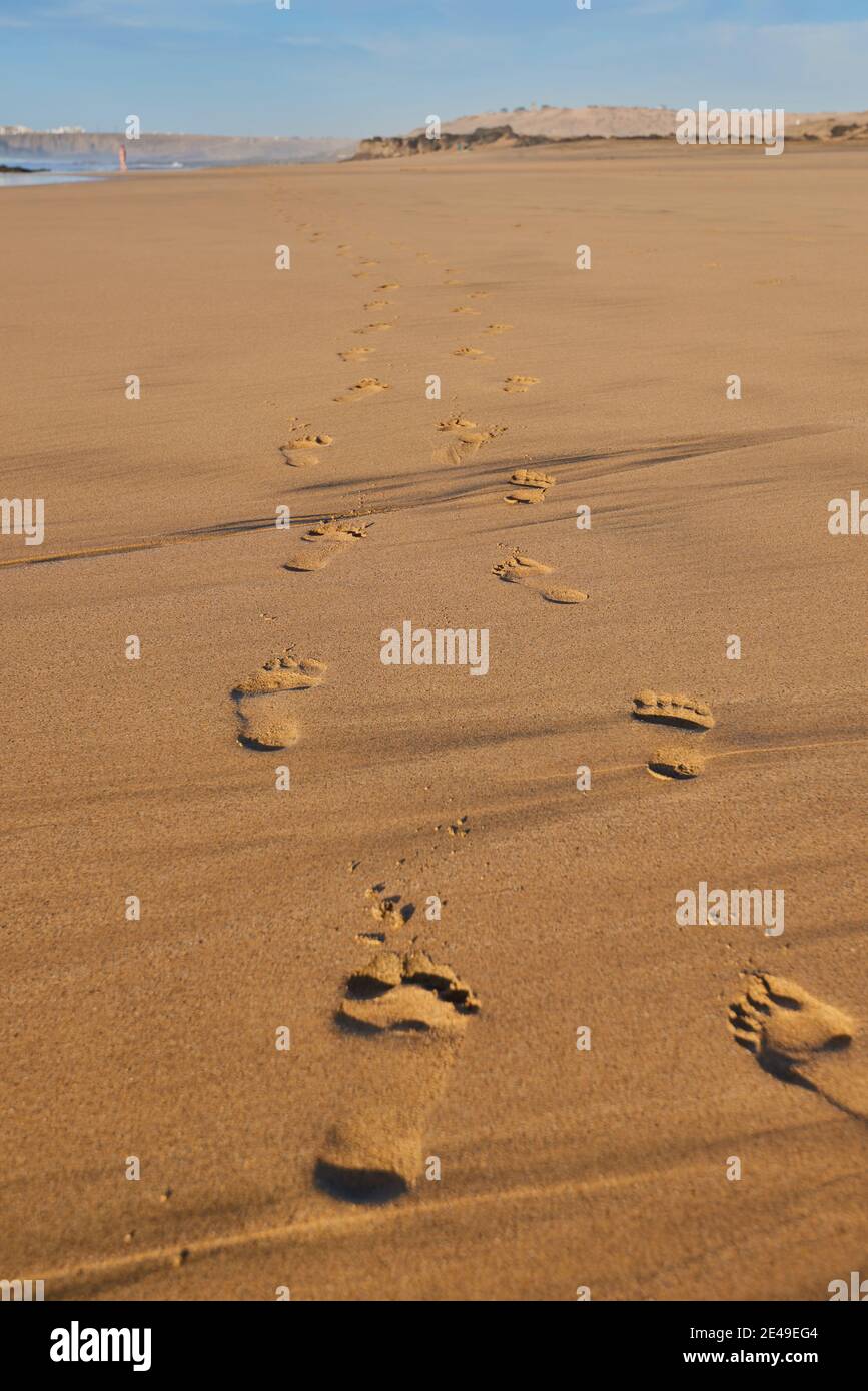 Footprints in the sand, sandy beach Playa del Castillo, Playa del Aljibe de la Cueva, Fuerteventura, Canary Islands, Spain Stock Photo