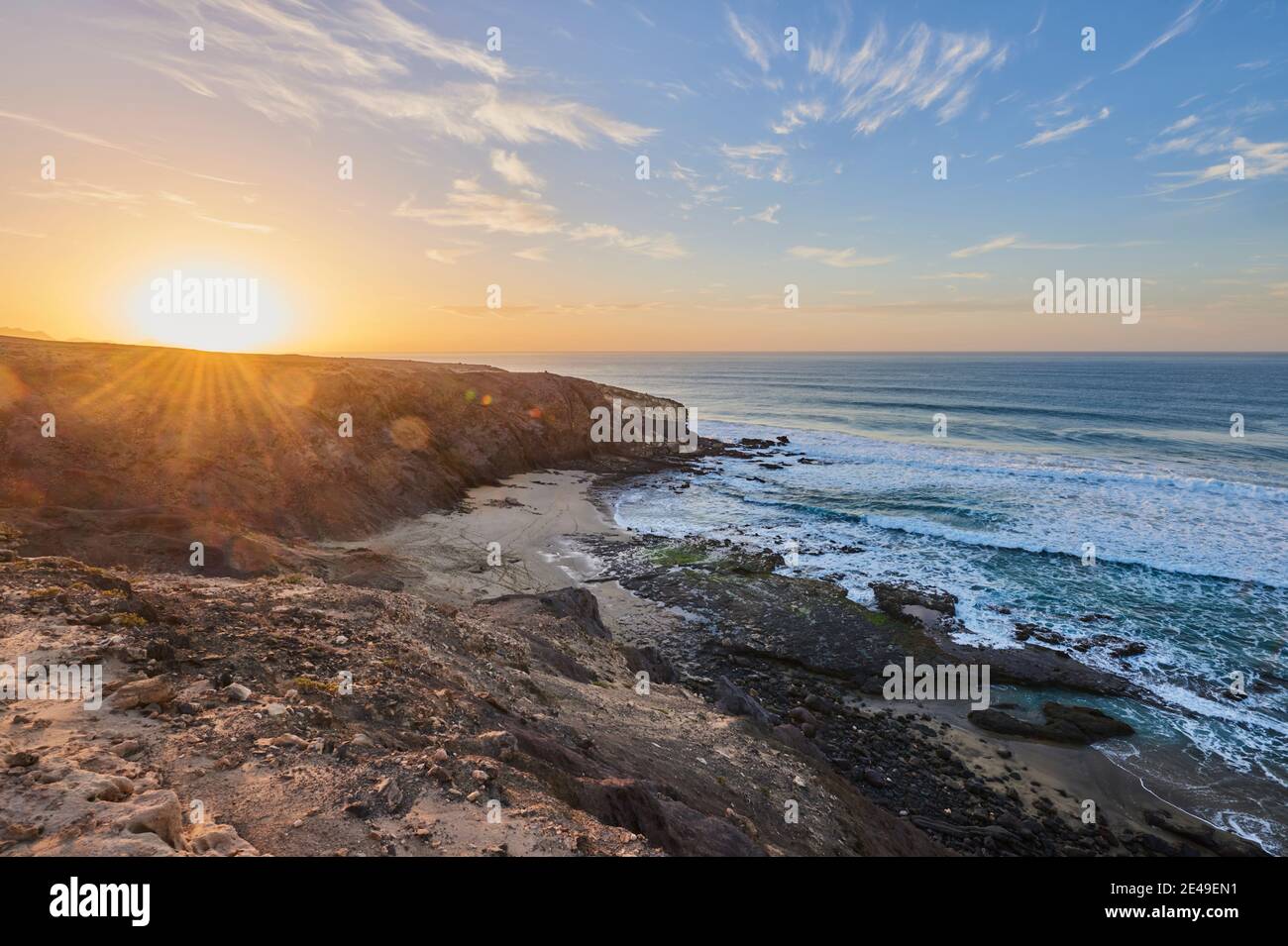 Sunset at Playa del Viejo Rey beach, Fuerteventura, Canary Islands, Spain Stock Photo
