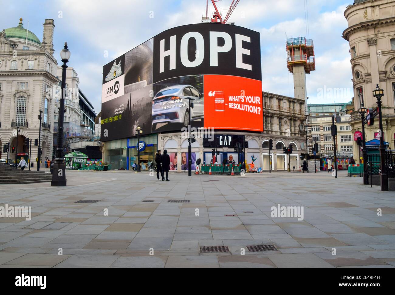 'Hope' displayed in a quiet Piccadilly Circus during the third national coronavirus lockdown. London, United Kingdom January 2021. Stock Photo