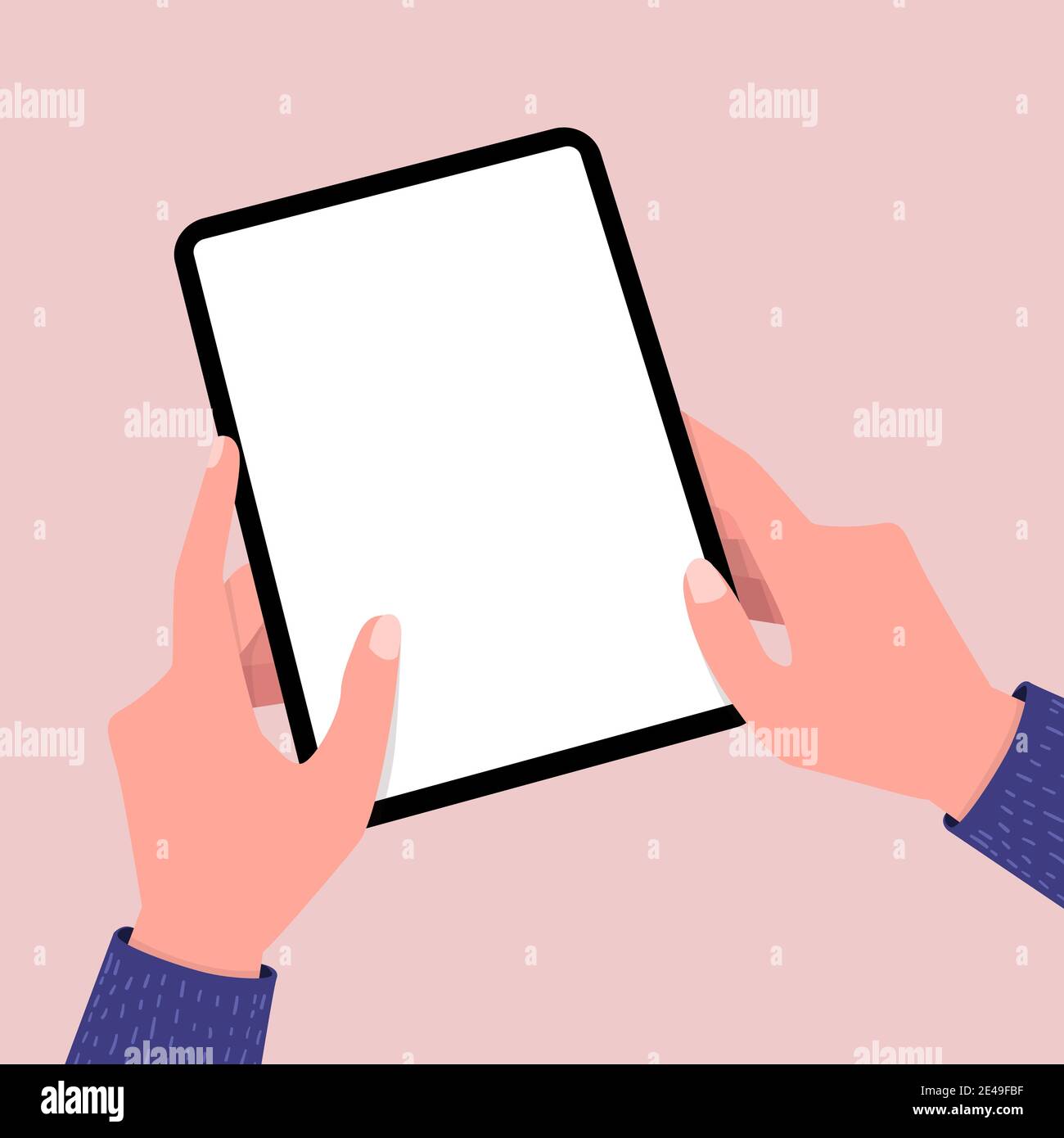 Hands holing tablet computer with blank screen. Editable tablet template. Stock Vector