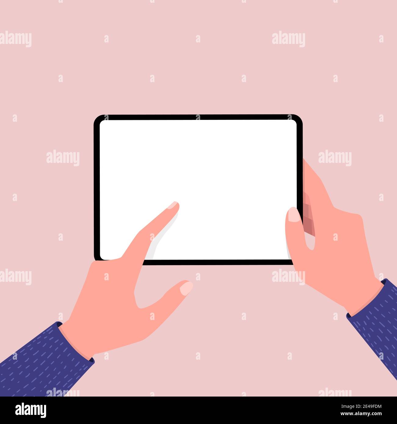 Hands holing tablet computer and pointing on the blank screen. Editable tablet template. Stock Vector