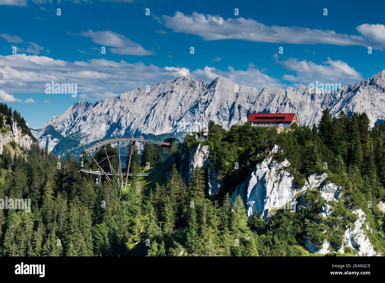 Kreuzeck, Kreuzeckhaus, Wetterstein Mountains, Wettersteinwand, Garmisch Classic area, Garmisch-Partenkirchen, aerial view, Werdenfelser Land, Oberland, Bavaria, Germany Stock Photo
