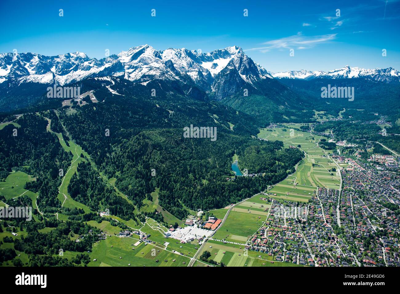 Hausberg, Riessersee, Garmisch, Alpspitze, Zugspitze, Waxenstein, Höllental, Wetterstein Mountains, Garmisch-Partenkirchen, aerial view, Werdenfelser Land, Oberland, Bavaria, Germany Stock Photo