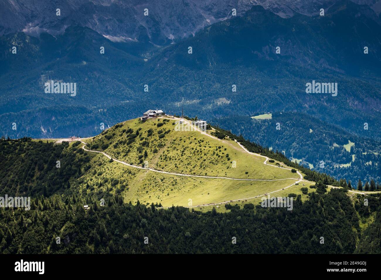 Wank, Wankhaus, Garmisch-Partenkirchen, aerial view, Werdenfelser Land, Oberland, Bavaria, Germany Stock Photo