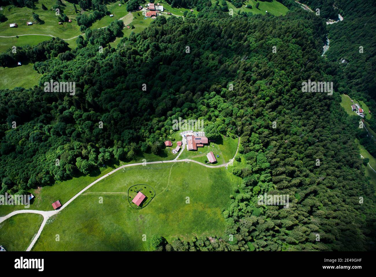 Eckbauer, Partnachklamm, Garmisch-Partenkirchen, aerial view, Werdenfelser Land, Oberland, Bavaria, Germany Stock Photo