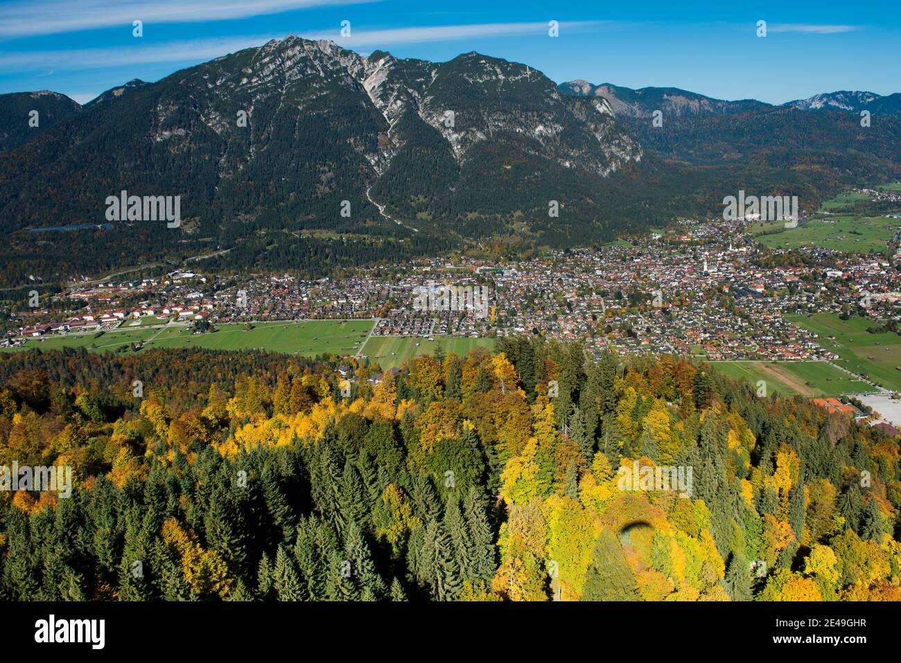 Garmisch, Kramer, Risserkopf, autumn, Garmisch-Partenkirchen, aerial view, Werdenfelser Land, Oberland, Bavaria, Germany Stock Photo