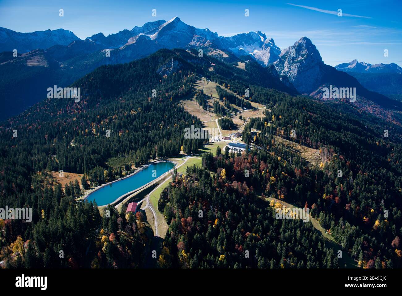 Local mountain, snowmaking lake, Kreuzwankel, Garmisch Classic area, Zugspitze, Waxenstein, Garmisch-Partenkirchen, aerial view, Werdenfelser Land, Oberland, Bavaria, Germany Stock Photo