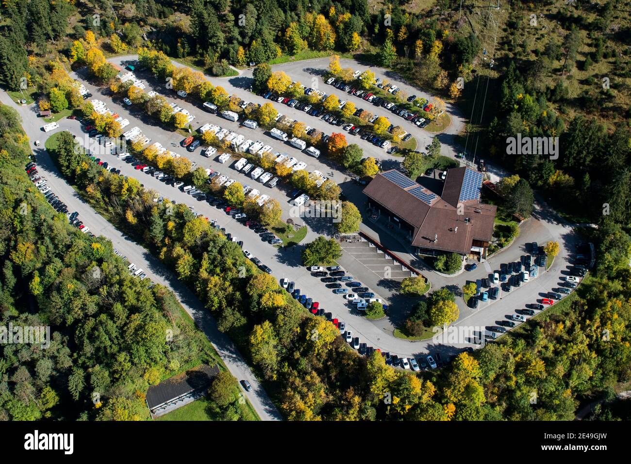 Wank, Wankbahn, valley station, motorhome park, autumn, Partenkirchen, Garmisch-Partenkirchen, aerial view, Werdenfelser Land, Oberland, Bavaria, Germany Stock Photo
