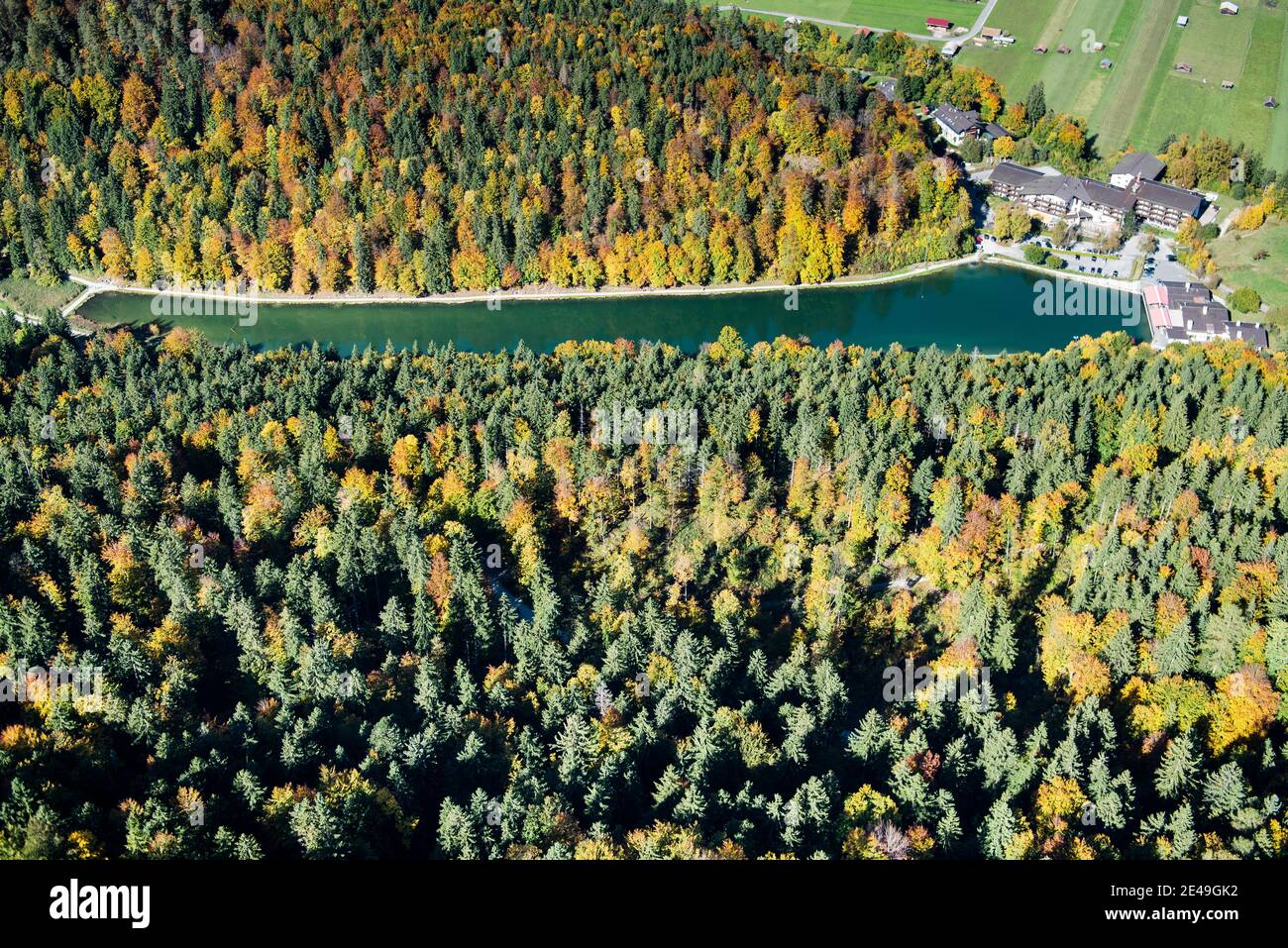 Riessersee, autumn, Garmisch-Partenkirchen, aerial view, Werdenfelser Land, Oberland, Bavaria, Germany Stock Photo