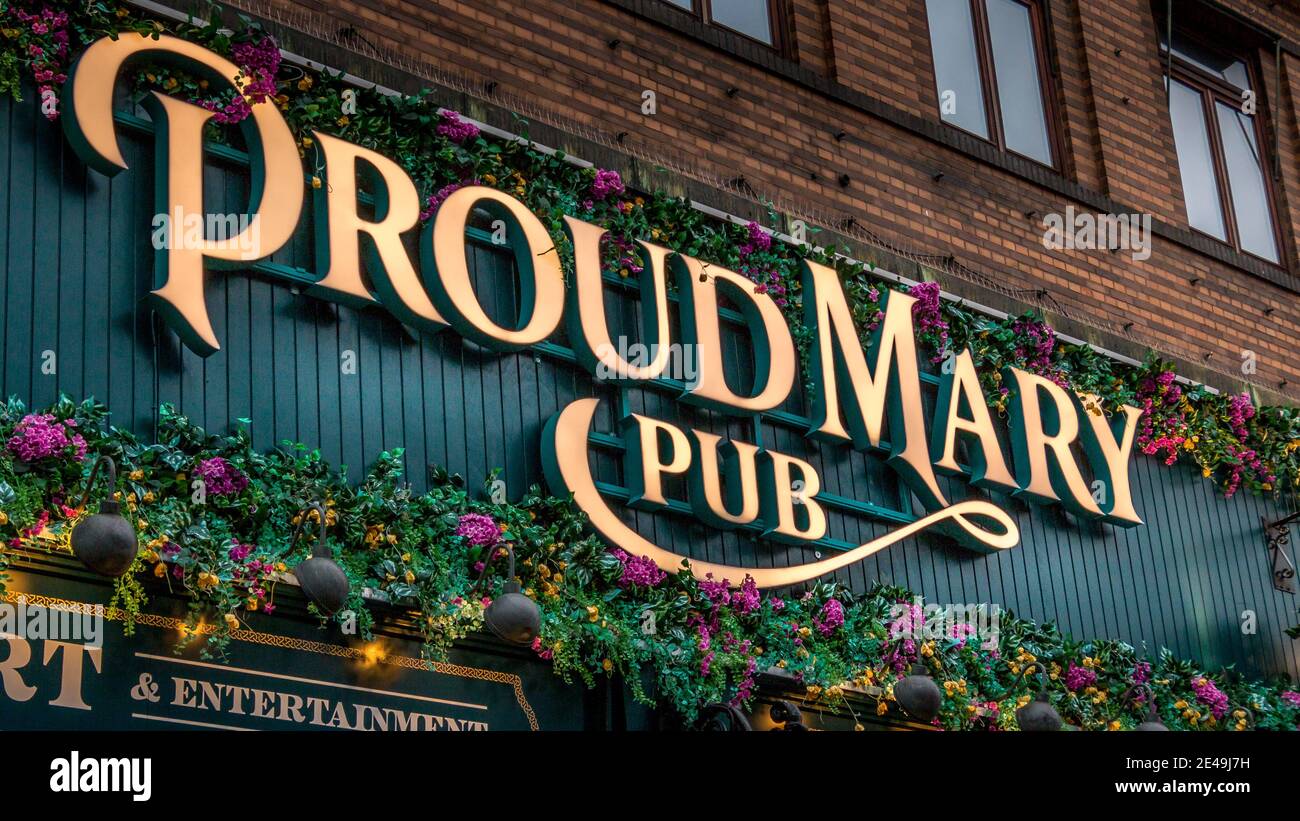 Copenhagen, Denmark - 12 Dec 2020: The Logo of the Proud Mary Pub in Copenhagen Stock Photo