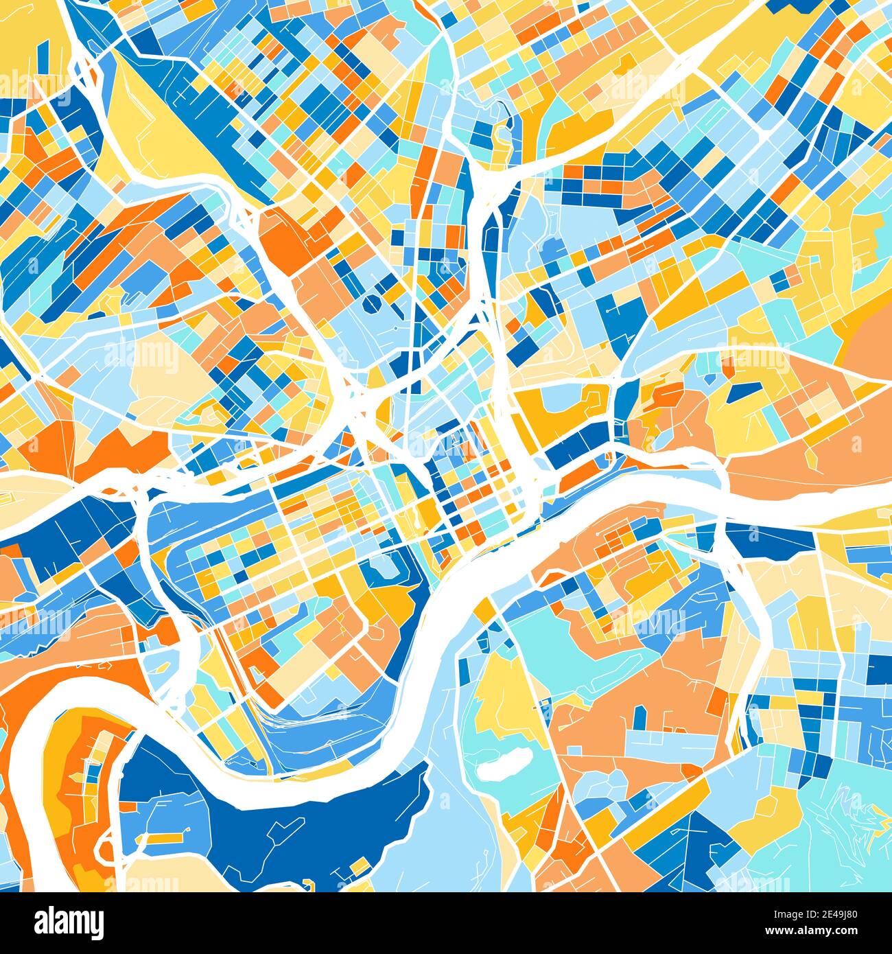 Color art map of  Knoxville, Tennessee, UnitedStates in blues and oranges. The color gradations in Knoxville   map follow a random pattern. Stock Vector