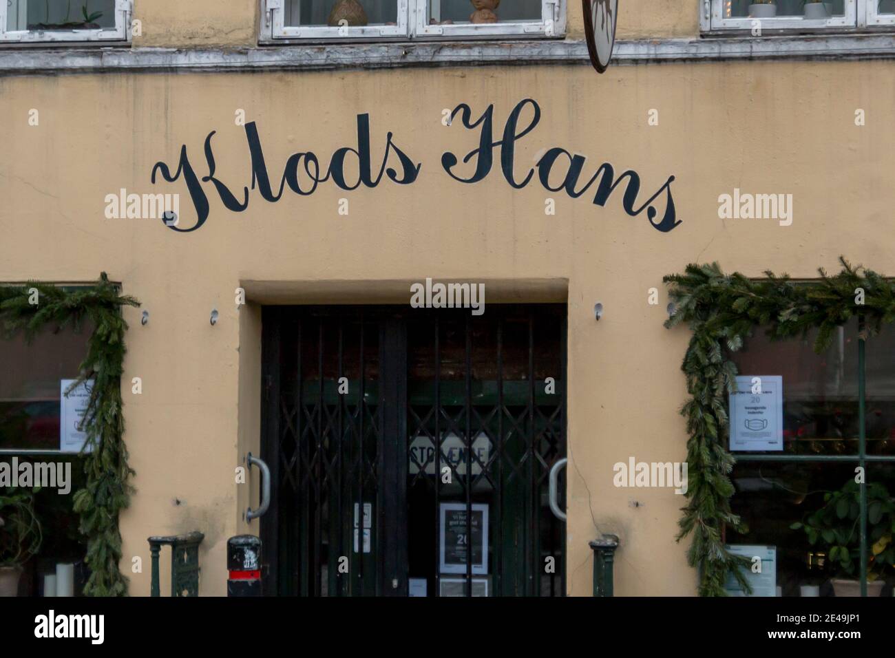Copenhagen, Denmark - 12 Dec 2020: The Logo of the Klods Hans in Copenhagen Stock Photo