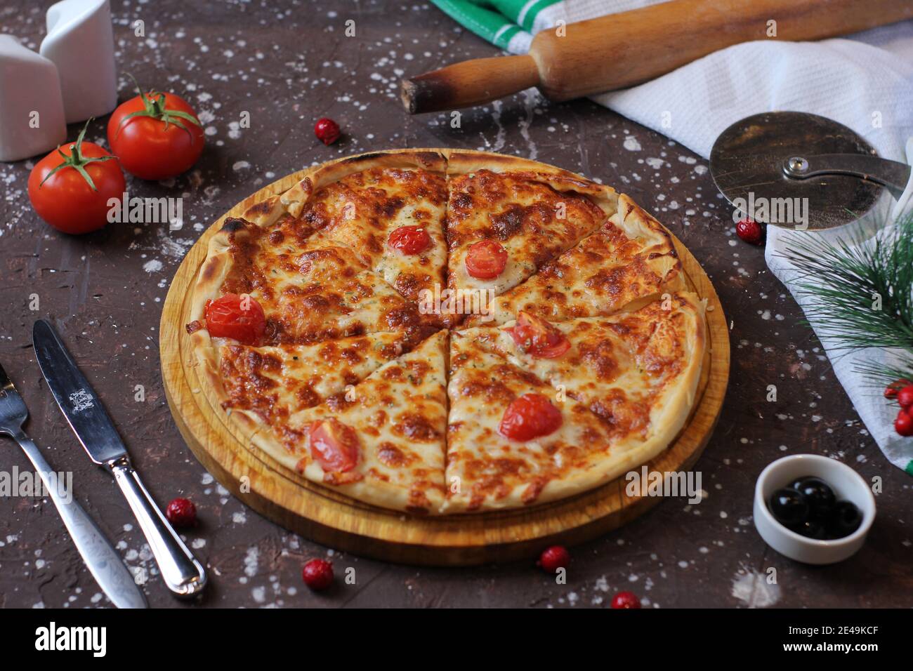 Homemade Meat Loves Pizza with Pepperoni Sausage and Bacon Stock Photo