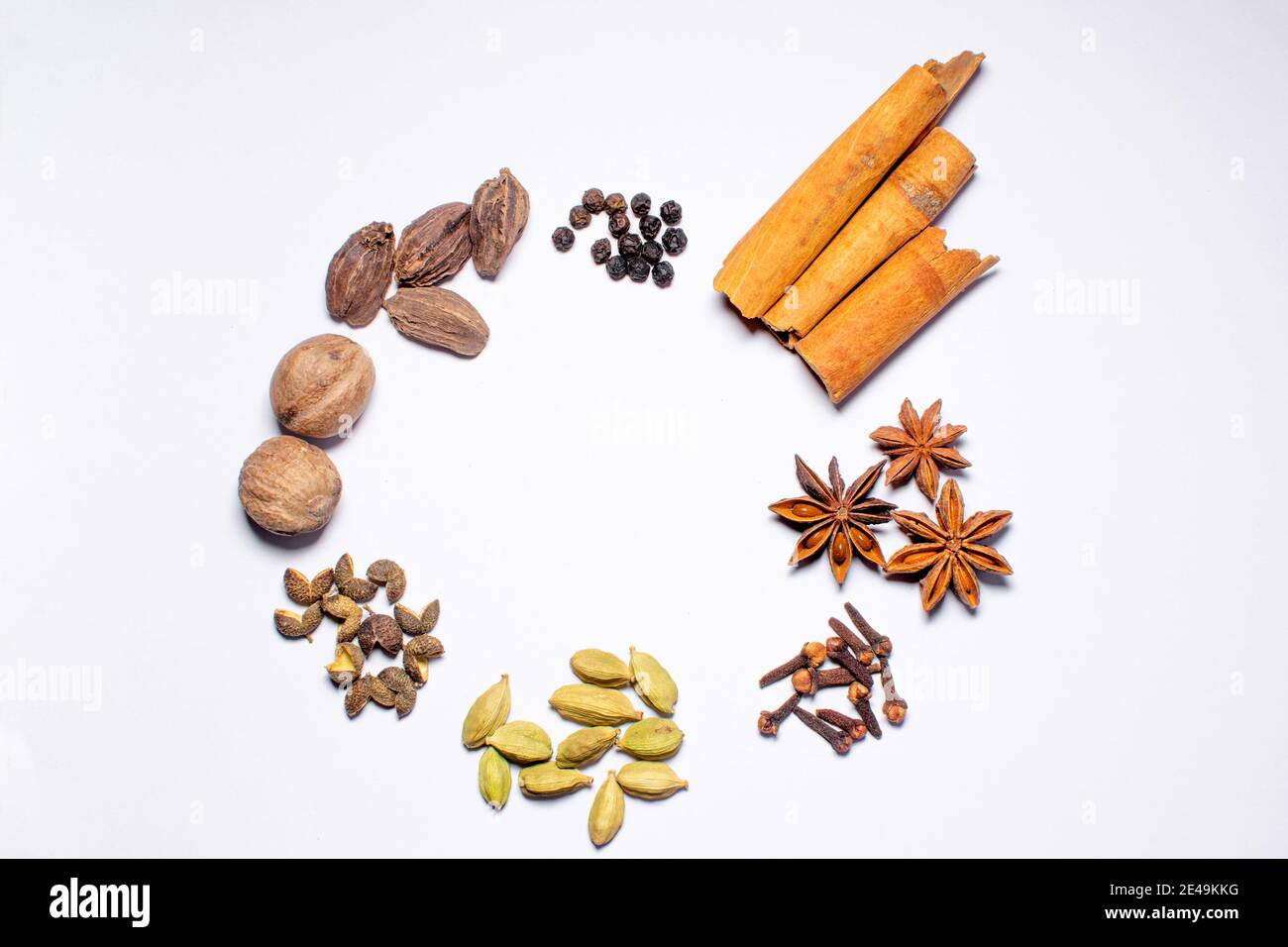 Various types of Indian dried spices and condiments with circular arrangement on white colored background Stock Photo