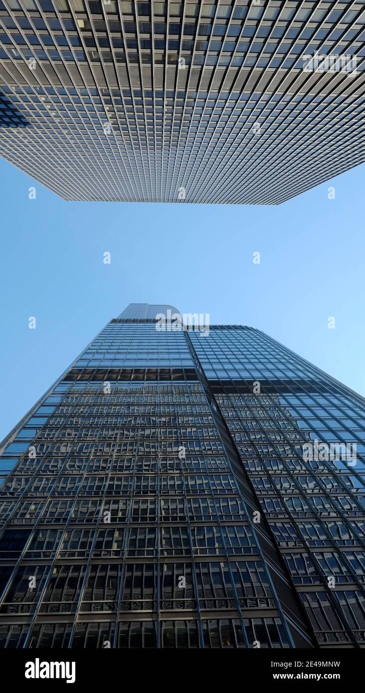 Chicago - Illinois, USA. Ant's view of Chicago office towers. Trump International Hotel & Tower (bottom) designed by architect Adrian Smith is 423.2 meter tall and is the second tallest building in US Stock Photo