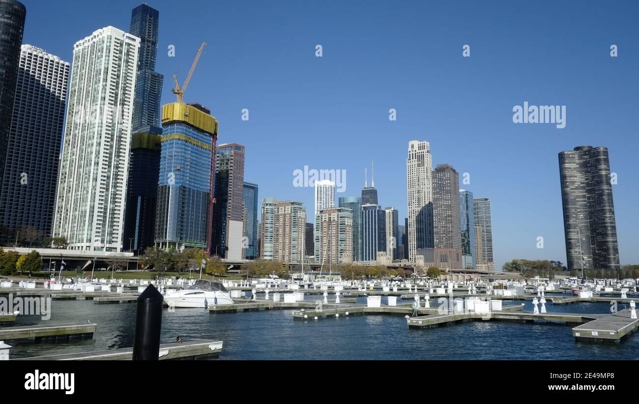 Chicago skyline with Lake Michigan photographed from the DuSable Harbor Marina Stock Photo
