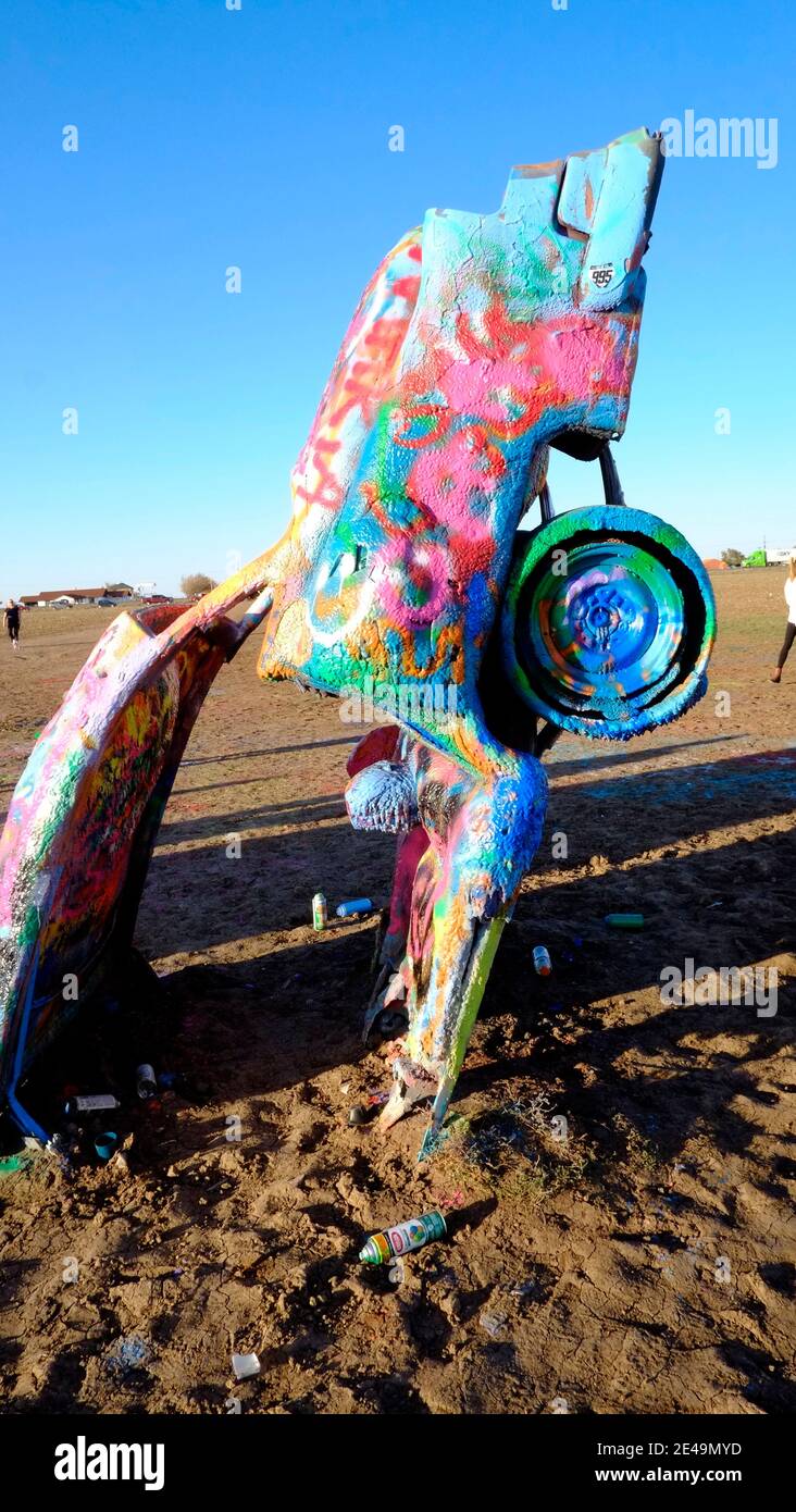 Cadillac Ranch, Amarillo, Texas. Created in 1974 along Route 66 as public art installation by Chip Lord, Hudson Marquez and Dough Mitchels Stock Photo