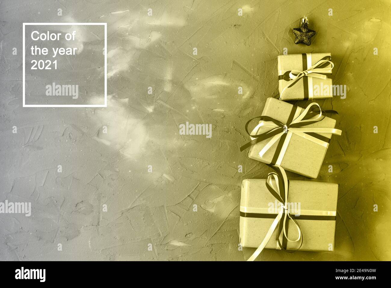 gift boxes in the shape of a Christmas tree with a red star. Christmas celebration concept