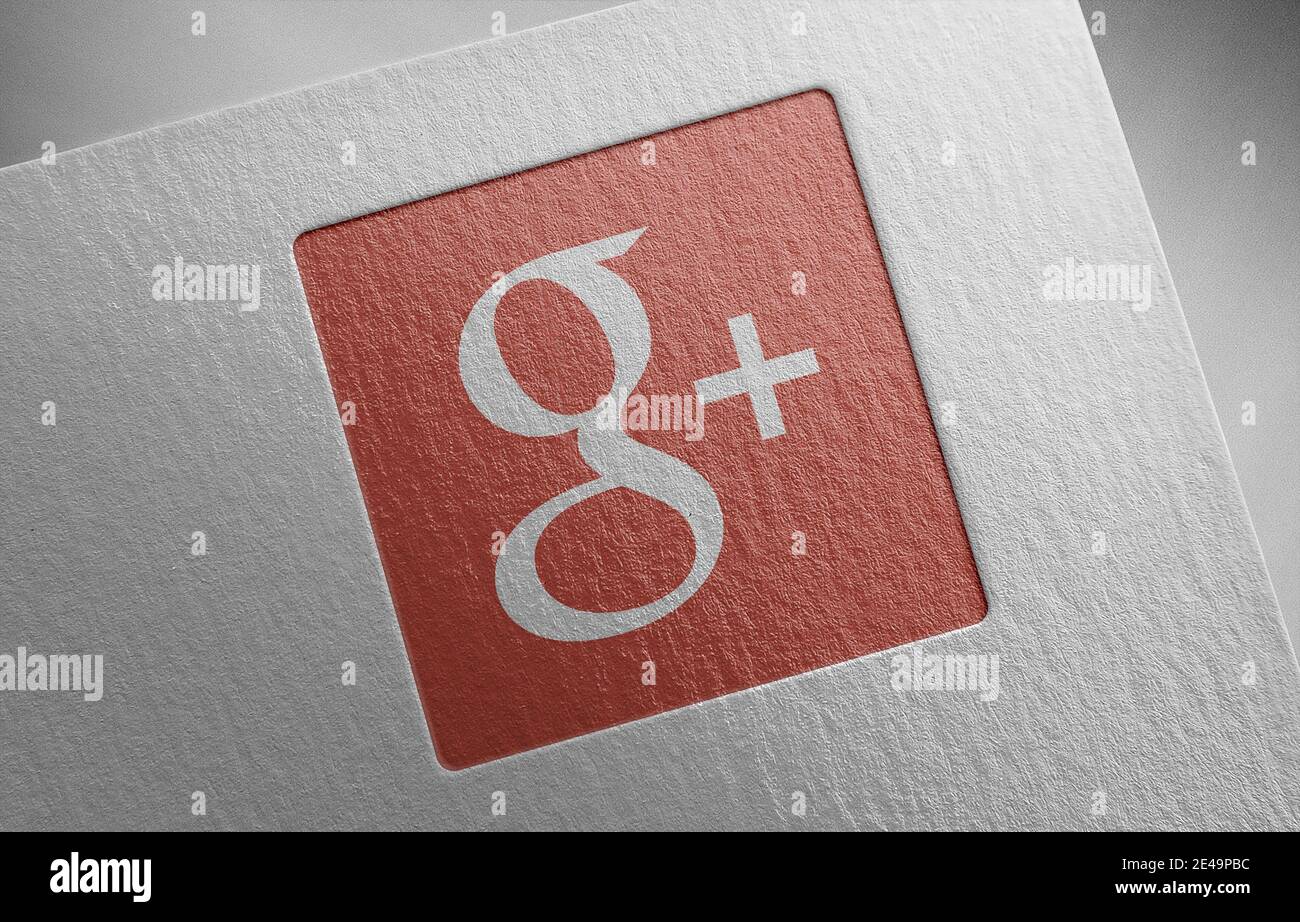 google plus logo on paper Stock Photo